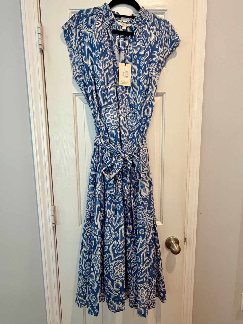 Elan Blue & White Ikat Midi Dress Tie Waist Coastal Boho Vacation